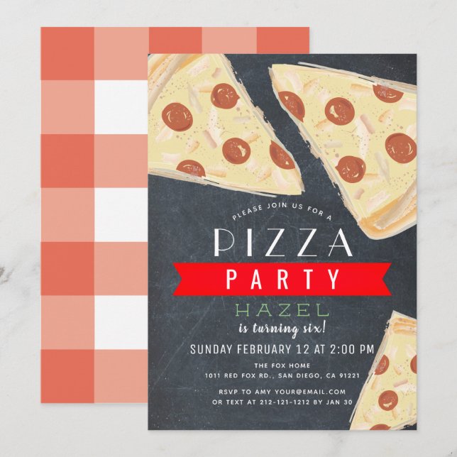 Invitación Fiesta de pizza Chalkboard Red Gingham Birthday (Anverso / Reverso)