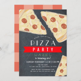 Invitación Fiesta de pizza Chalkboard Red Gingham Birthday