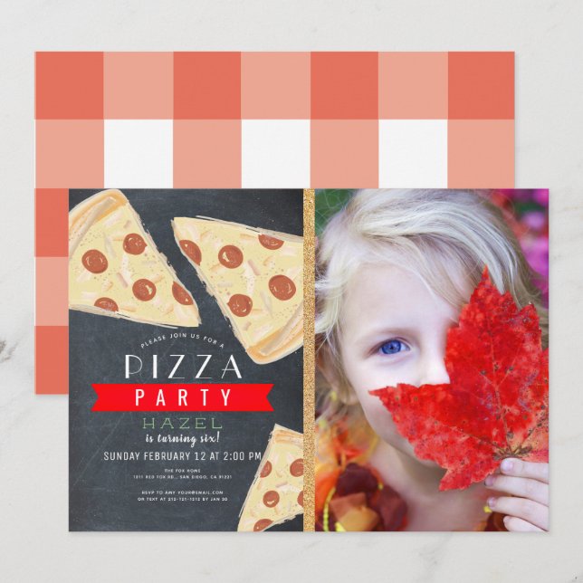Invitación Fiesta de pizza Chalkboard Red Gingham Photo Birth (Anverso / Reverso)