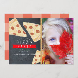 Invitación Fiesta de pizza Chalkboard Red Gingham Photo Birth