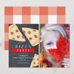Invitación Fiesta de pizza Chalkboard Red Gingham Photo Birth