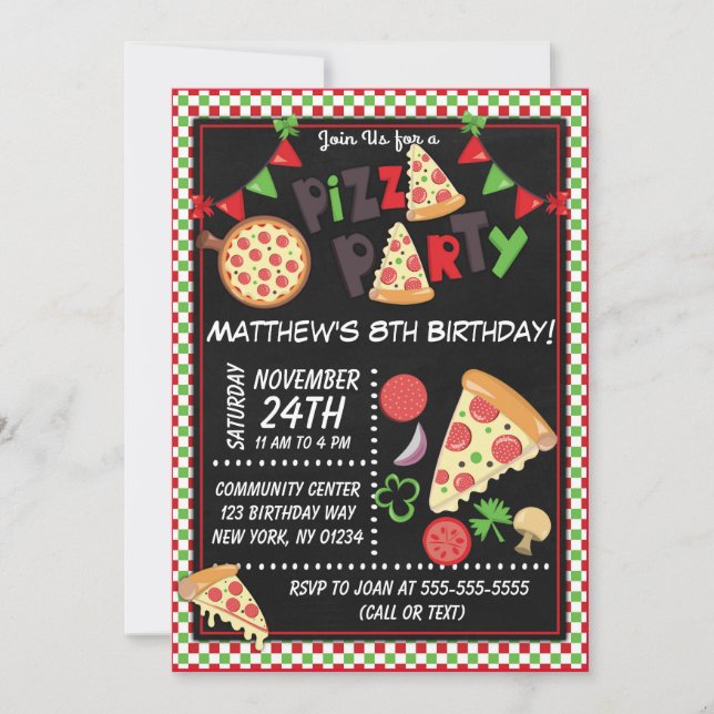 Invitación Fiesta de Pizza Cumpleaños de Niños (Anverso)
