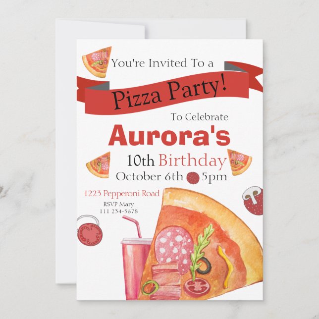 Invitación Fiesta de pizza, cumpleaños de pizza, Invita diver (Anverso)