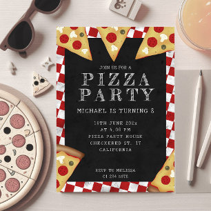 Invitación Fiesta de pizza cumpleaños niños patrón retro a cu