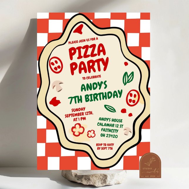 Invitación Fiesta de pizza de cuadros rojos Cumpleaños de los (Subido por el creador)