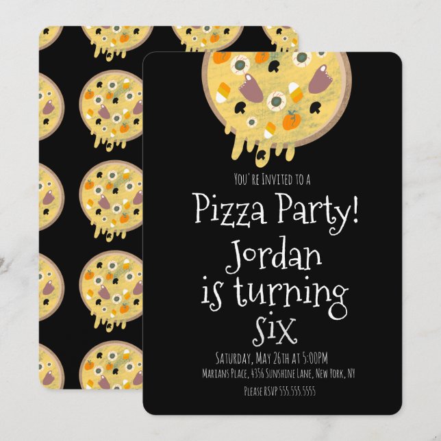 Invitación Fiesta de Pizza de Halloween Cumpleaños con Ingred (Anverso / Reverso)
