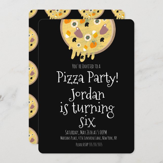 Invitación Fiesta de Pizza de Halloween Cumpleaños con Toppin (Anverso / Reverso)