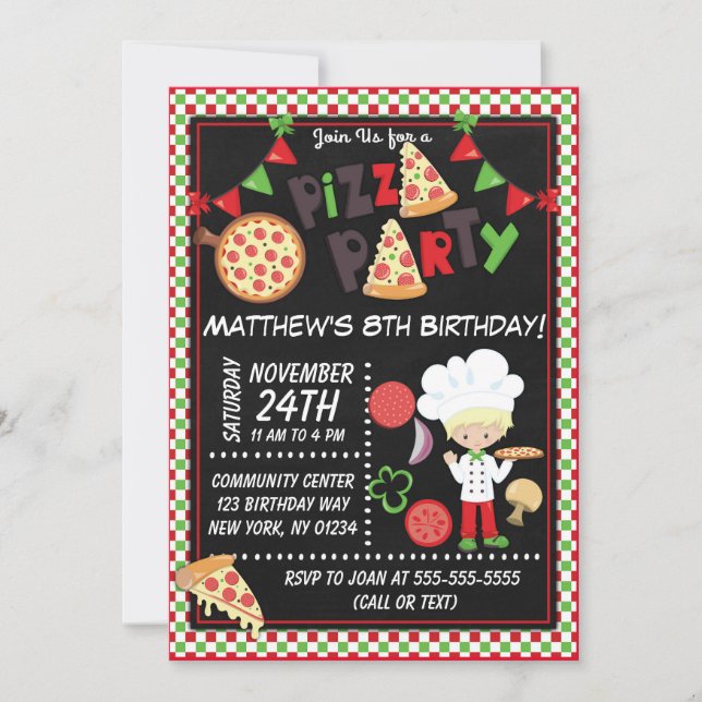 Invitación Fiesta de Pizza Niño Rubio Cumpleaños Infantil (Anverso)