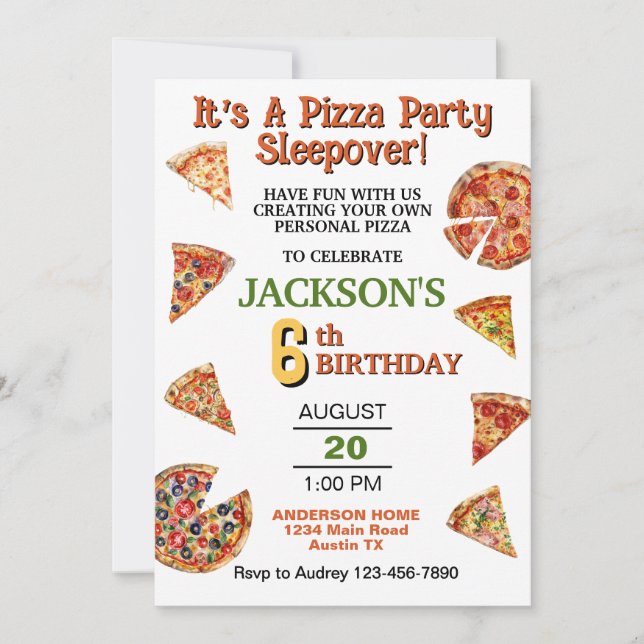 Invitación Fiesta de Pizza Noche de Pernocta Cumpleaños de Cu (Anverso)