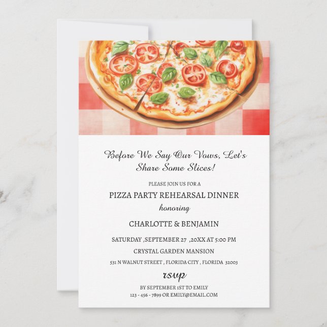 Invitación Fiesta de Pizza Rústica Cena de Ensayo de Boda (Anverso)