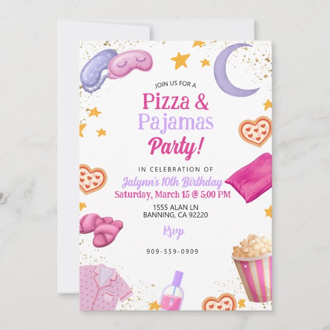 Invitación Fiesta de Pizza y Pijamas Adolescente Muchacha Pre (Anverso)
