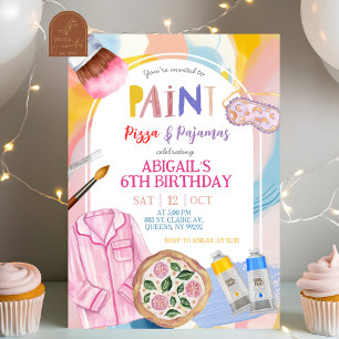 Invitación Fiesta de Pizza y Pijamas con Pintura Pastel Rosa