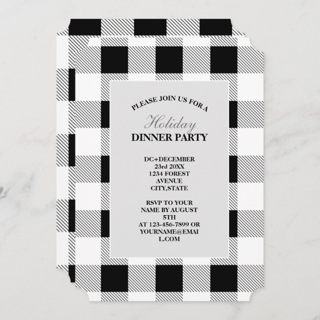 Invitación fiesta de plaid búfalo negro y blanco en casa de c (Anverso / Reverso)
