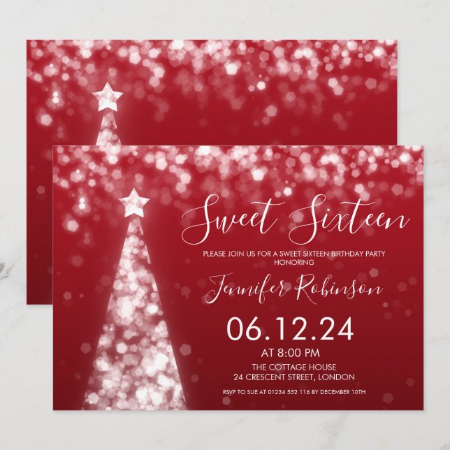 Invitación Fiesta de plata y rojo del dulce 16 del navidad (Anverso / Reverso)