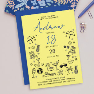 Invitación Fiesta de playa amarilla azul divertida Doodle gar