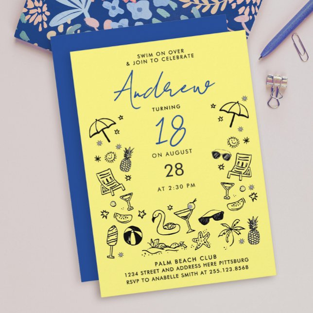 Invitación Fiesta de playa amarilla azul divertida Doodle gar (Subido por el creador)