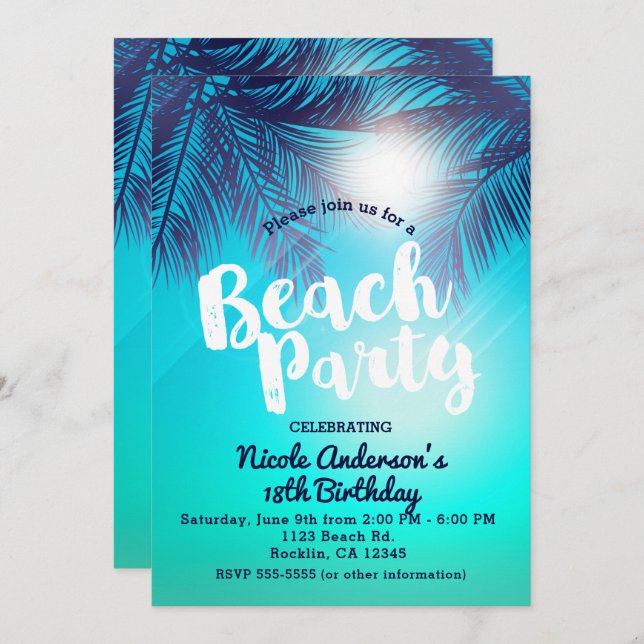 Invitación FIESTA DE PLAYA Azul Palmeras Soleadas Cumpleaños  (Anverso / Reverso)
