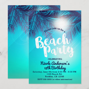 Invitación FIESTA DE PLAYA Azul Palmeras Soleadas Cumpleaños 