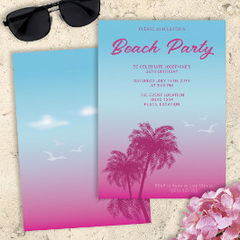 Invitación Fiesta de Playa Azul Rosa Tropical Palm Trees Cump