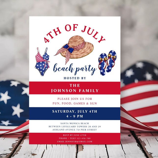 Invitación Fiesta De Playa Blanca Y Azul Rojo 4 De Julio (Red White And Blue Beach Party 4th Of July Invitation
)