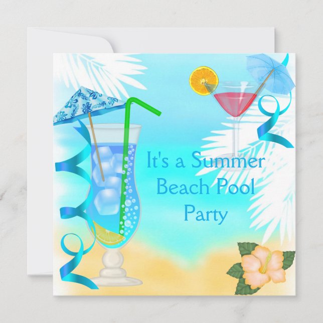 Invitación Fiesta de playa cóctel azul diversión de verano (Anverso)