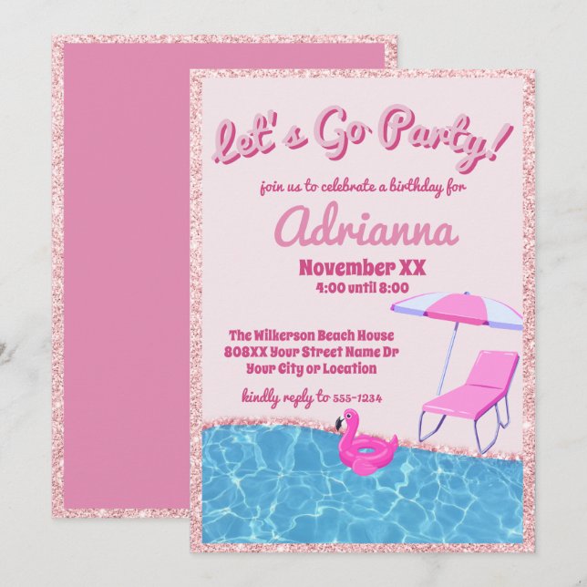 Invitación Fiesta de Playa con Brillo Rosa (Anverso / Reverso)