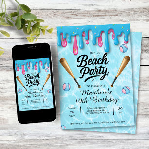 Invitación Fiesta de Playa con Goteo de Béisbol para Niños / 