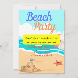Invitación Fiesta de playa con un castillo de arena y un Fies