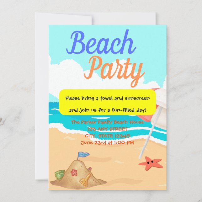 Invitación Fiesta de playa con un castillo de arena y un Fies (Anverso)