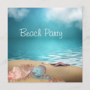 Invitación Fiesta de playa conchas de agua azul arena