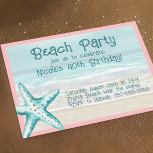 Invitación Fiesta de playa de estrellas de mar acuarela rosa 