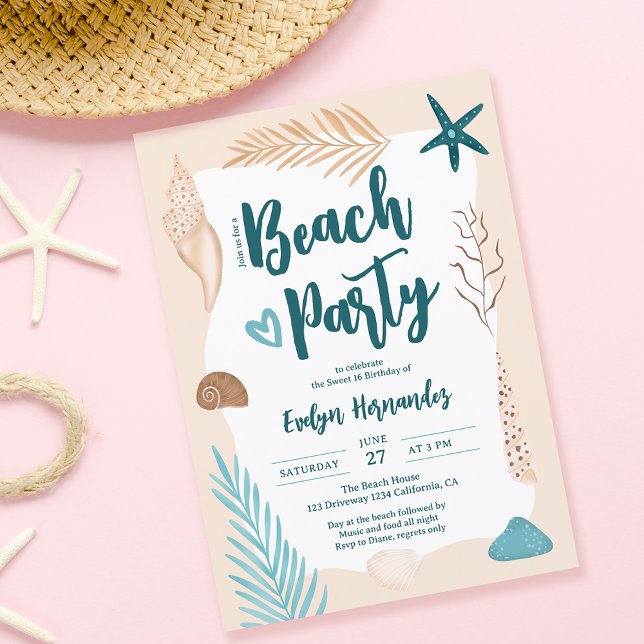 Invitación Fiesta de playa de hojas de palmera Cute Seashells (Subido por el creador)