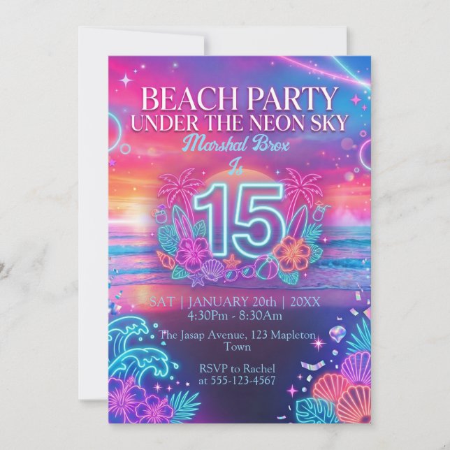 Invitación Fiesta de playa de neón 15 cumpleaños  (Anverso)