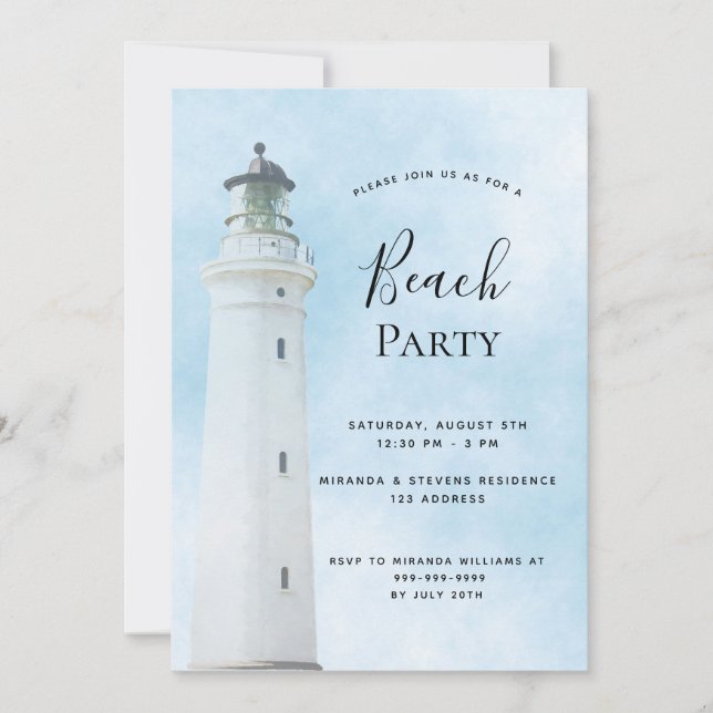 Invitación Fiesta de playa de verano de faro (Anverso)