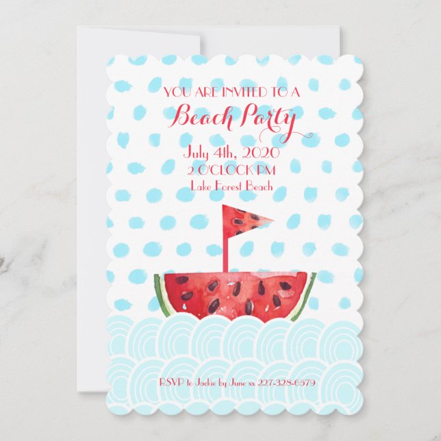 Invitación Fiesta de Playa en Barco de Sandía (Anverso)