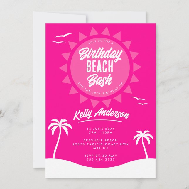 Invitación Fiesta de Playa Girly Pink Summer 18 (Anverso)