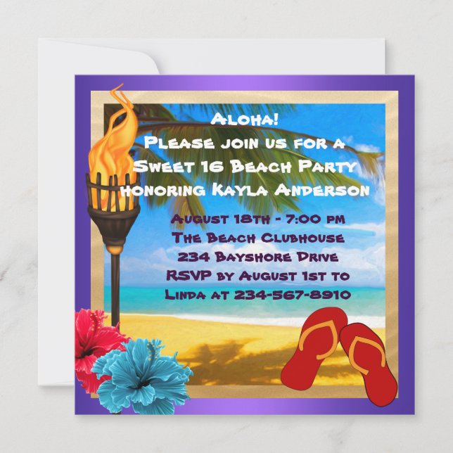 Invitación Fiesta de playa Luau de Sweet 16 (Anverso)