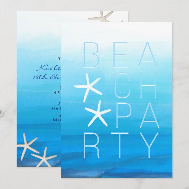 Invitación Fiesta de playa moderna tropical acuarela azul (Anverso / Reverso)