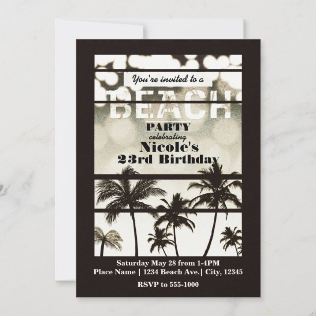 Invitación Fiesta de playa Palmeras Tropical White Hot Glam (Anverso)