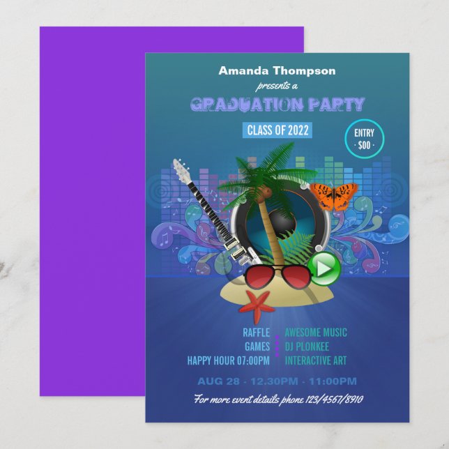 Invitación Fiesta de playa Proton Purple Summer Club (Anverso / Reverso)