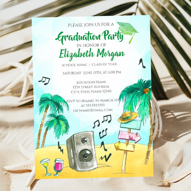 Invitación Fiesta de playa Purpurina Grad Cap,Graduación (Subido por el creador)