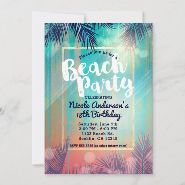 Invitación Fiesta de playa retro Palmeras soleadas Cumpleaños (Anverso)