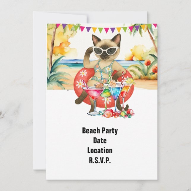 Invitación Fiesta de playa Siamese Cat Beach Tropical Summer (Anverso)