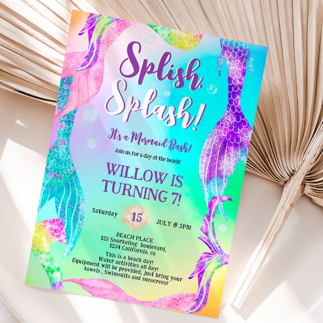 Invitación Fiesta de playa sirena cruza el cumpleaños de los  (Beach party mermaid tails ocean Kids birthday rainbow Invitation)