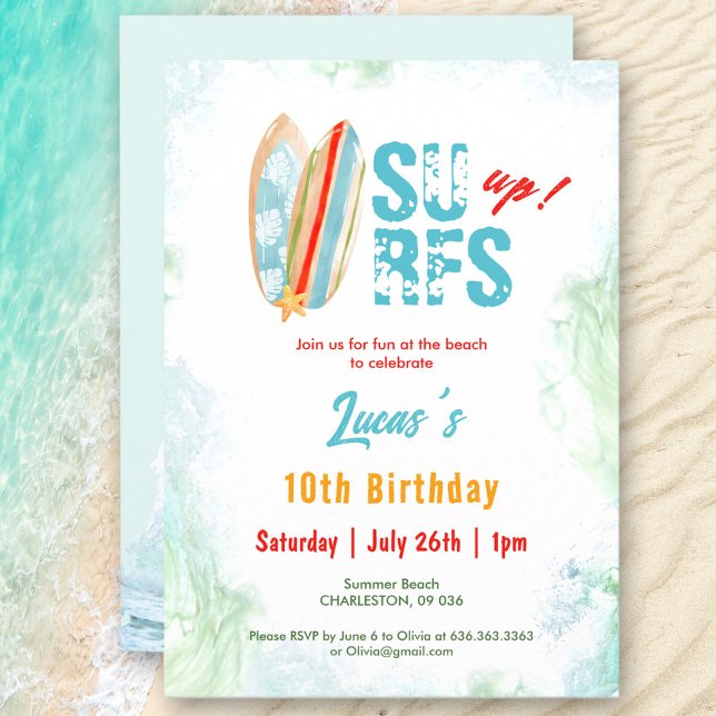 Invitación Fiesta de playa Surf Summer Tropical Birthday Boy (Beach Party Surf Summer Tropical Birthday Boy Invitation)