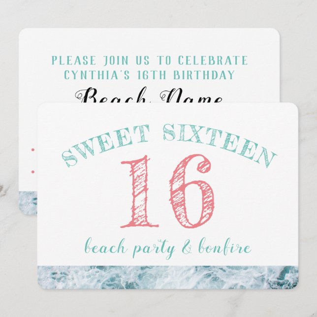 Invitación Fiesta de playa Sweet 16 (Anverso / Reverso)