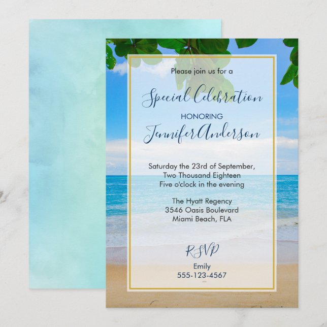 Invitación Fiesta de playa tropical escénica (Anverso / Reverso)
