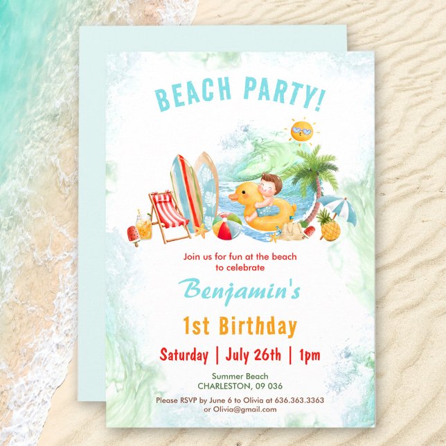 Invitación Fiesta de playa Verano Primer cumpleaños Invitació (Beach Party Summer 1st Birthday Boy Invitation)