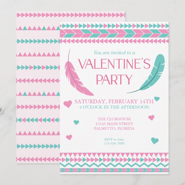 Invitación Fiesta de plumas Verde azuladas tribales rosadas e (Anverso / Reverso)