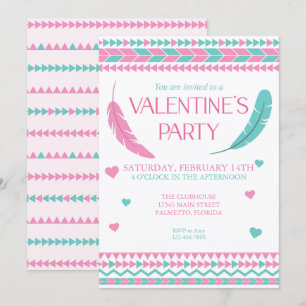 Invitación Fiesta de plumas Verde azuladas tribales rosadas e